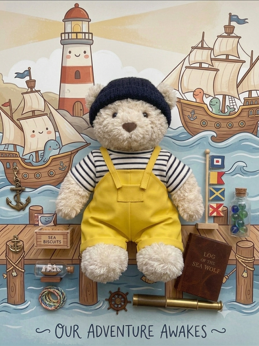 Bartholomew Bear plush wearing yellow sailor overalls, striped shirt, and navy hat in a nautical scene