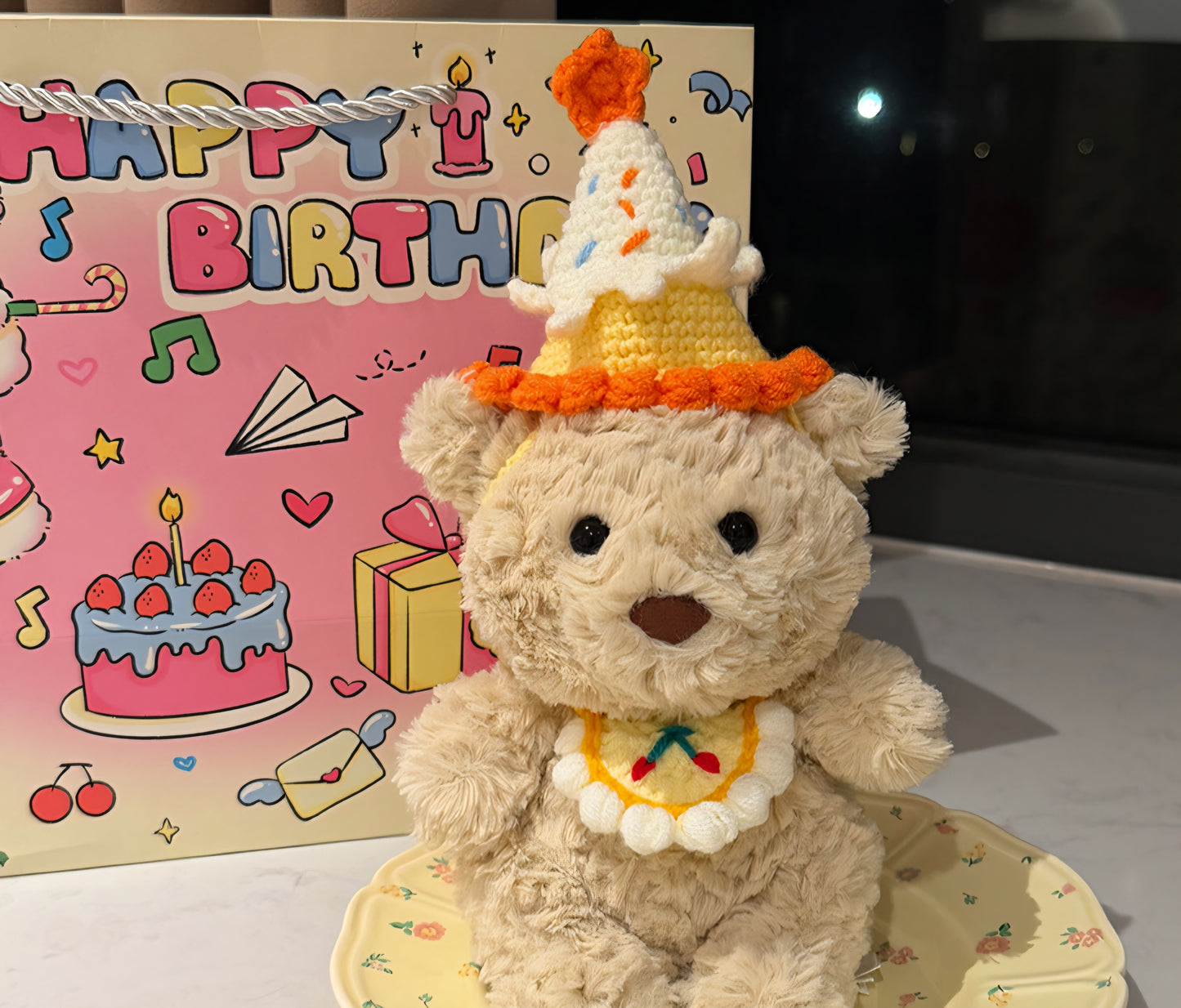 Bartholomew Bear Junior clothes outfits-Yellow Birthday Hat & Scalloped Bib Set