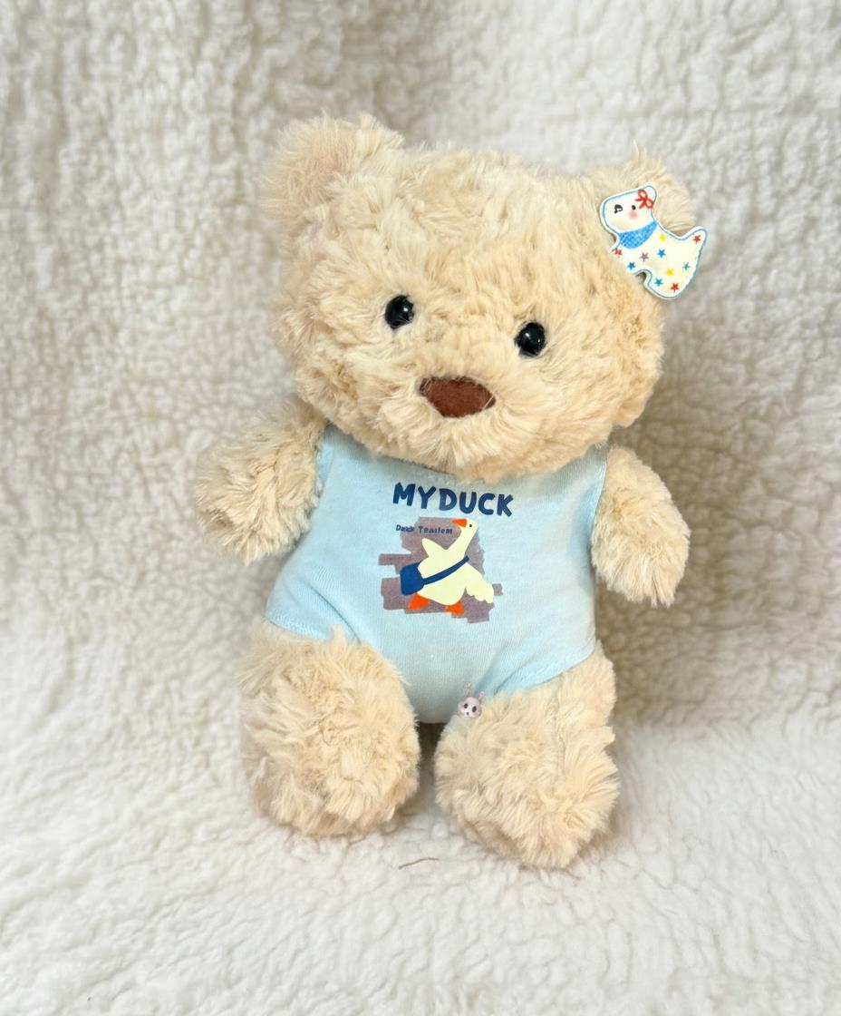 Junior Bartholomew bear outfit - Light blue duck print tee with cartoon hair clip