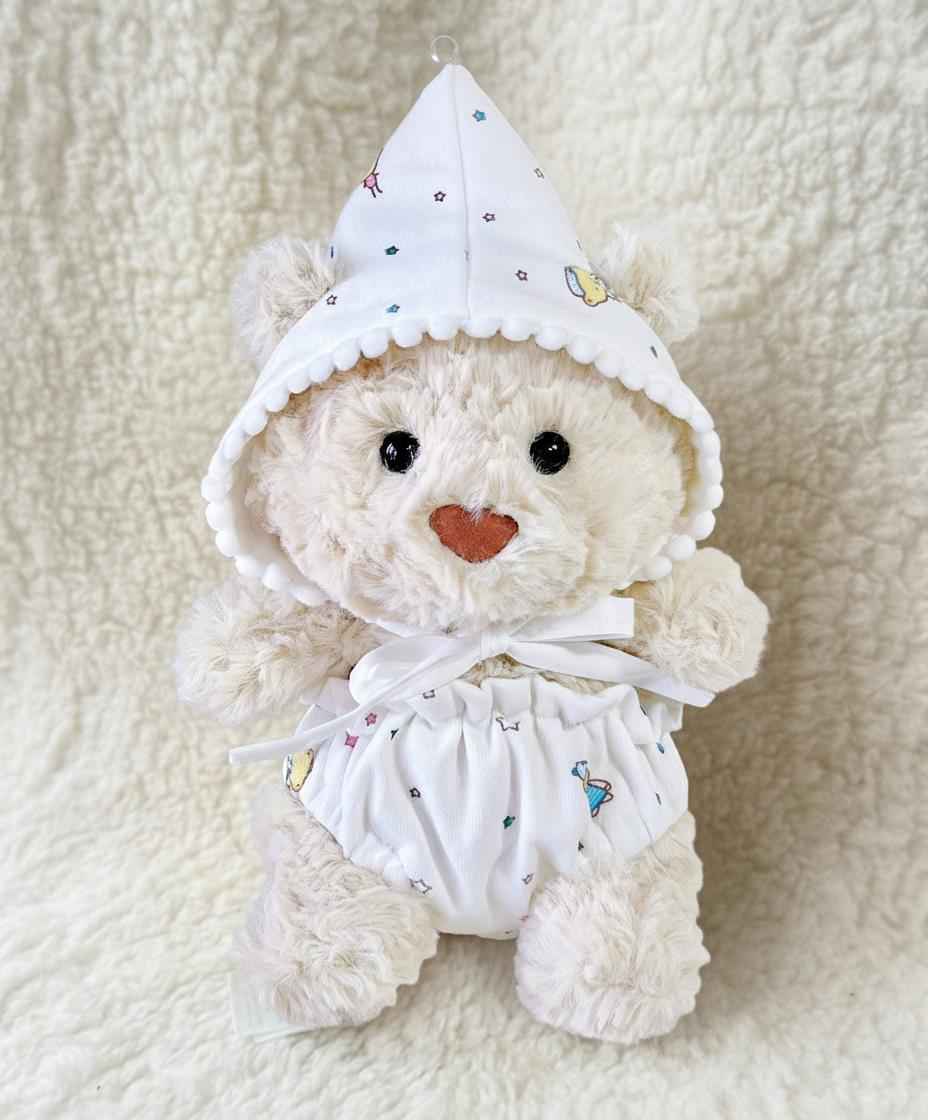Junior Bartholomew bear outfit - White cartoon print hooded hat & ruffled bloomers