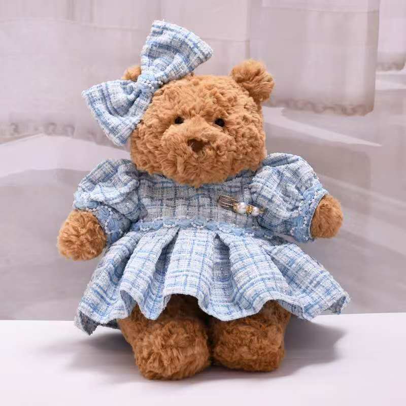 Medium Bartholomew bear clothes outfits-Blue Plaid Dress & Hair Bow Set