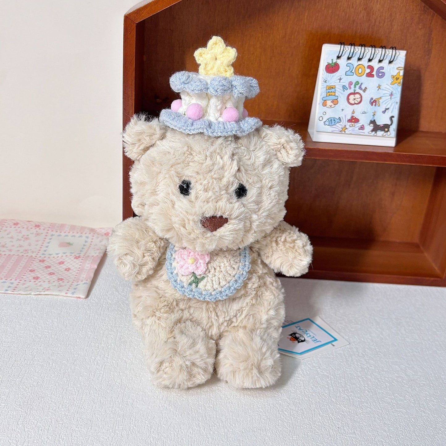 Junior Bartholomew bear outfit- Birthday cake hat & flower bib