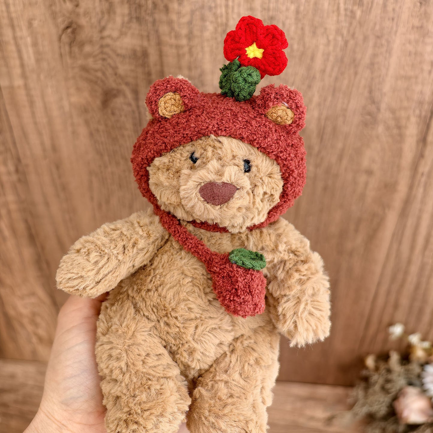 Tiny Bartholomew Bear Outfit- Rust red bear ear hat with red flower