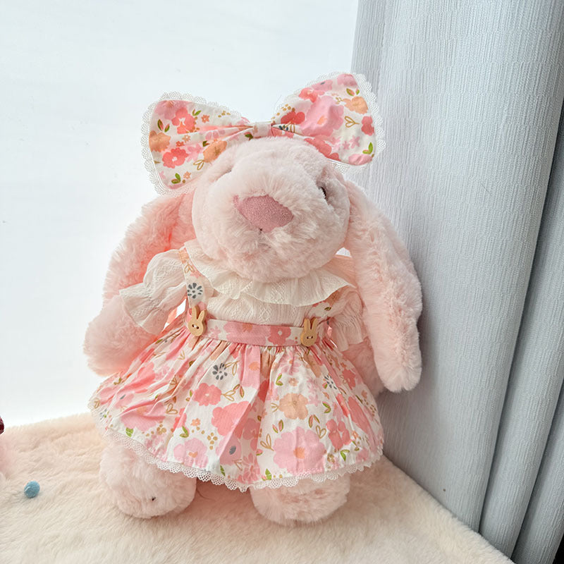 Medium Bashful bunny outfit- Pink floral overalls dress set