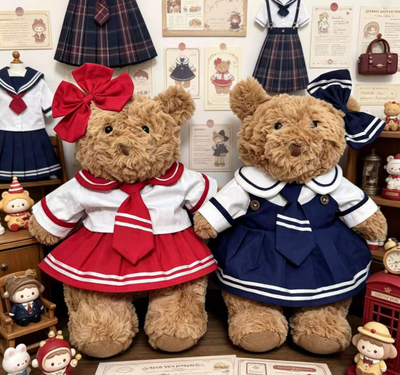 Medium Bartholomew bear clothes outfits- Red Plaid Sailor Outfit Set with Bow