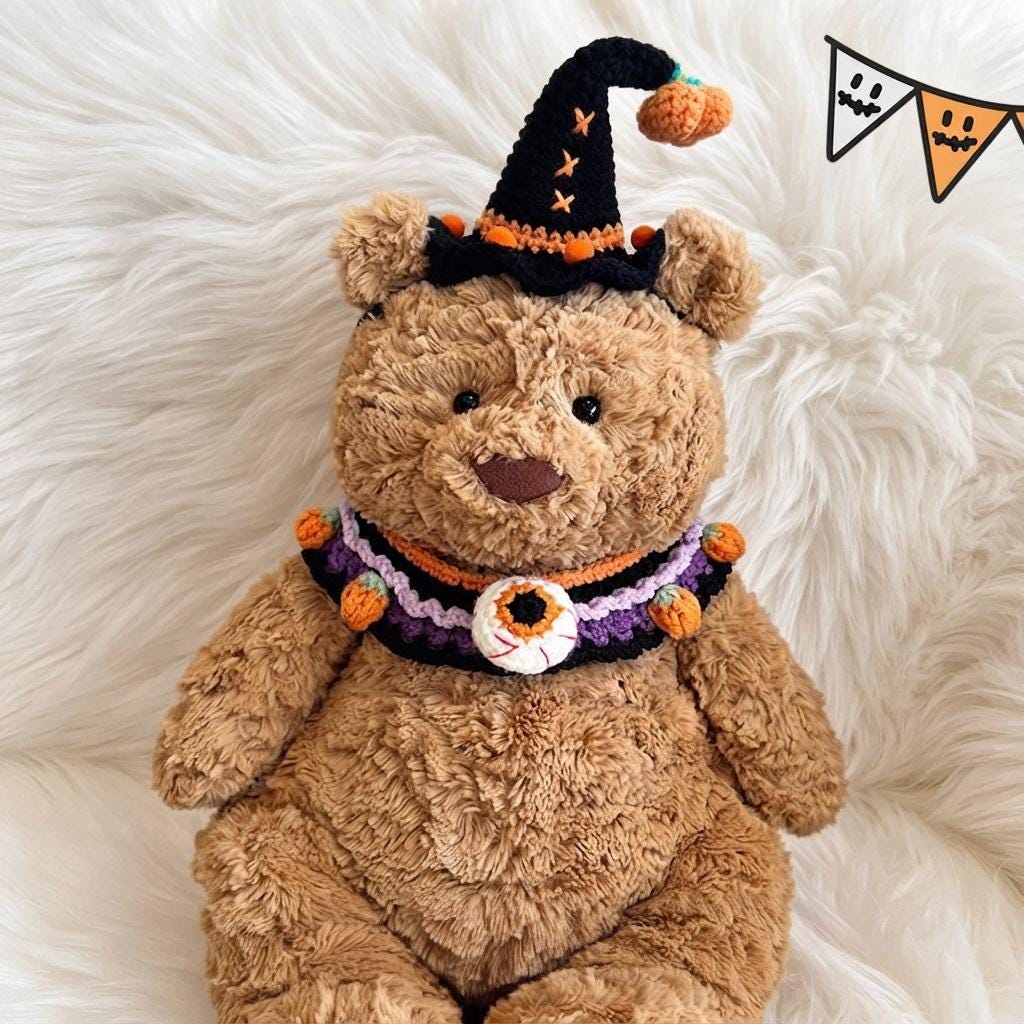 Handmade Crochet Halloween Costume Set, Witch Hat, Pumpkin Headband, Spooky Collar for Plush Toys