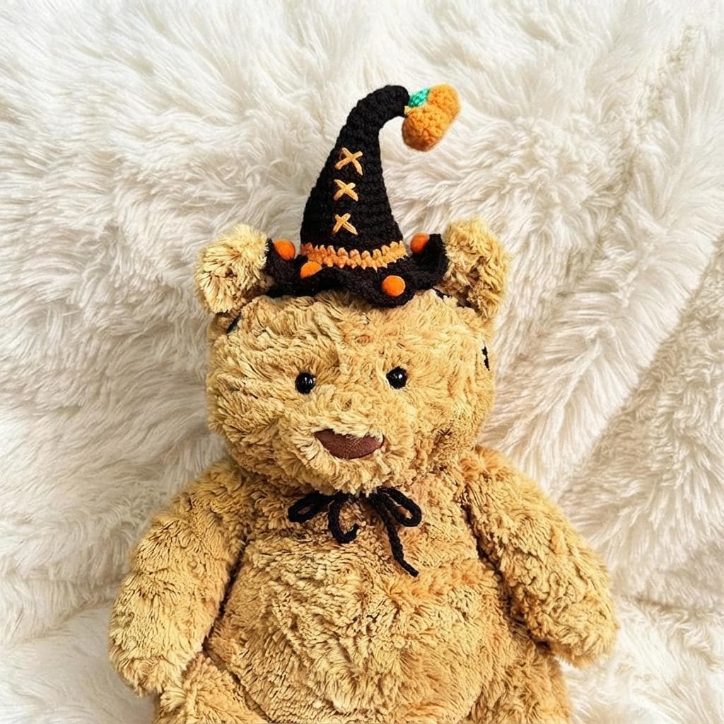 Hand-Crocheted Halloween Costume Set for Plush Bears: Witch Hat, Pumpkin Headband, Spooky Bib