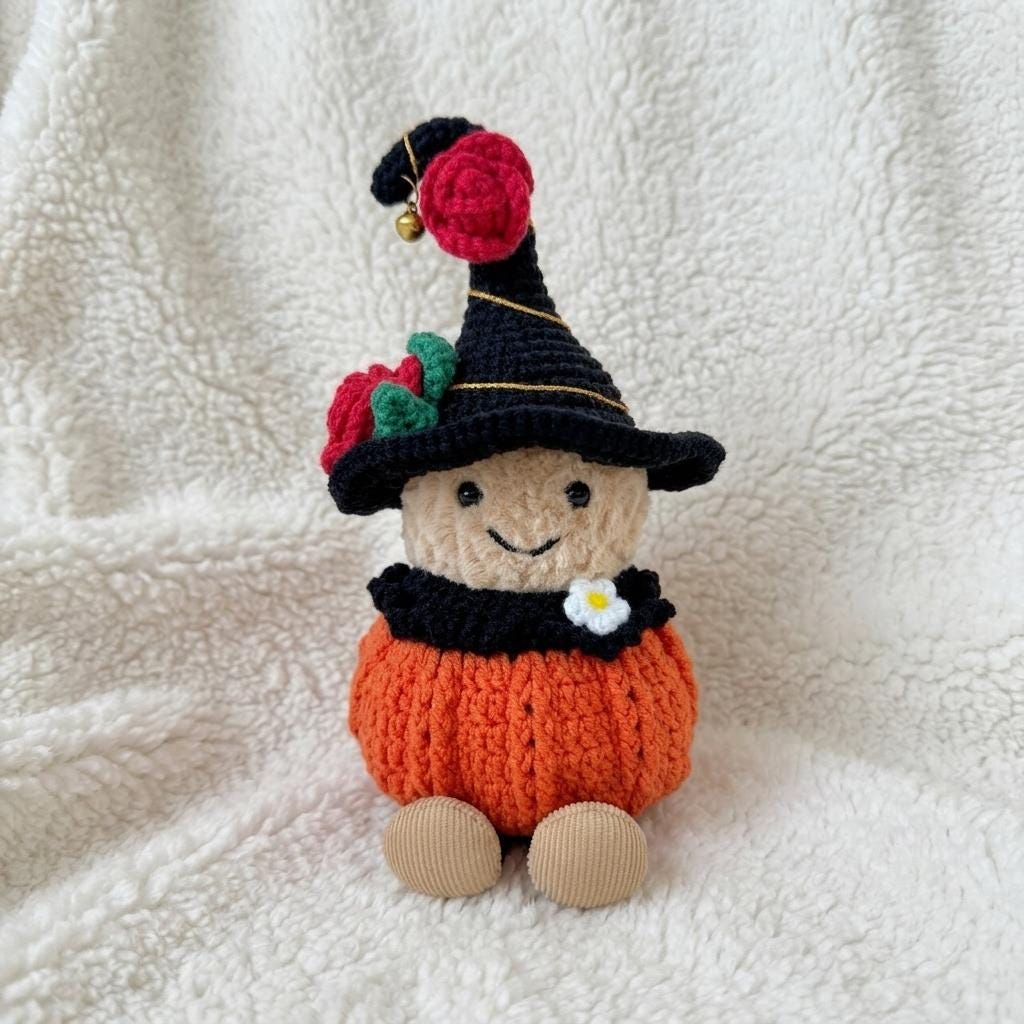 Handmade Crochet Halloween Clothes for Amusable Peanut Wizard Hat, Rose & Pumpkin Costume Set