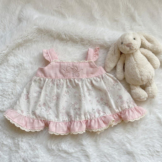 Handmade Floral Outfit for Bunny Plush Handcrafted Dress & Bow Set