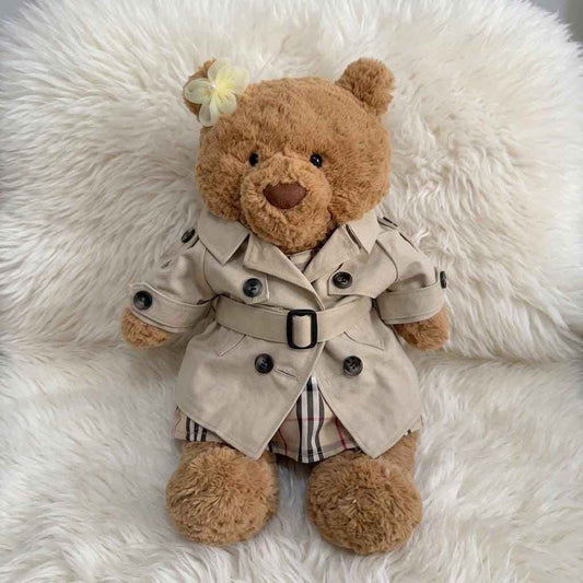 Handmade Autumn Winter Trench Coat Outfit Set for Bartholomew Bear, Classic Plaid Belted Overcoat Clothes Fits Large 14" Stuffed Animals