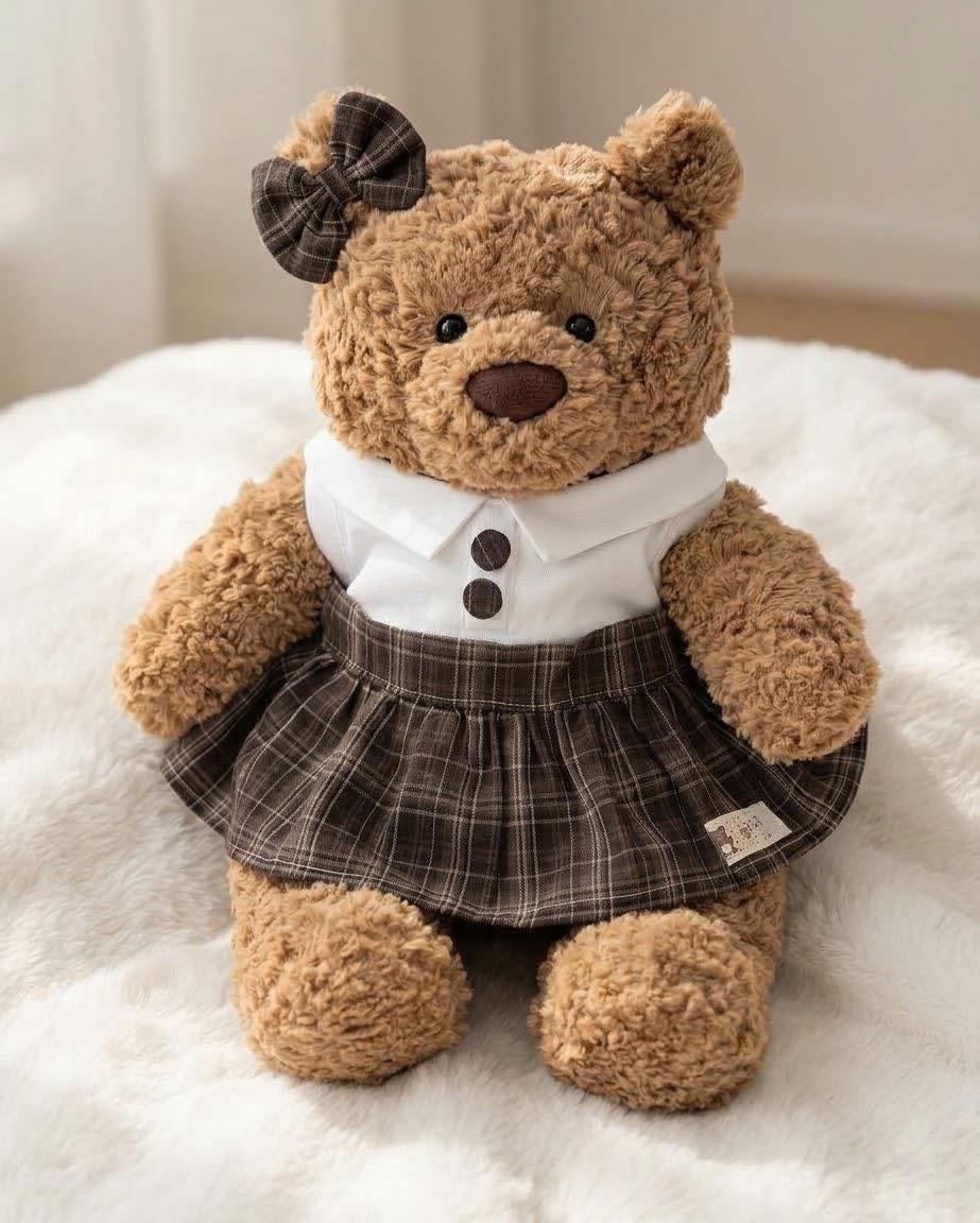 School Uniform for Jellycat Bartholomew Bear, Plaid Pleated Skirt, Collared Top and Bow – photo 3