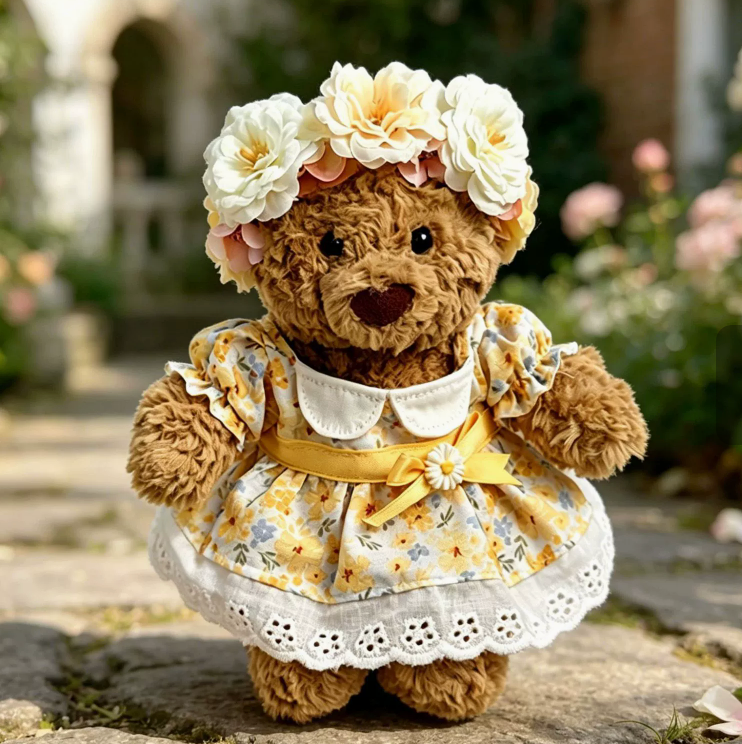 Tiny Bartholomew Bear clothes outfits-Floral Dress & Flower Crown Set
