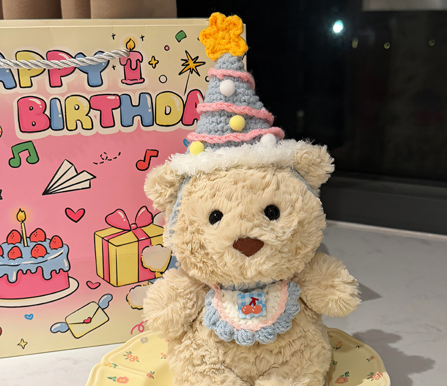 Junior Bartholomew bear outfit - Pink & blue crochet party hat & cherry bib set