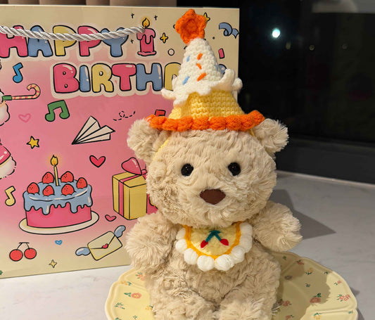 Bartholomew Bear Junior clothes outfits-Yellow Birthday Hat & Scalloped Bib Set