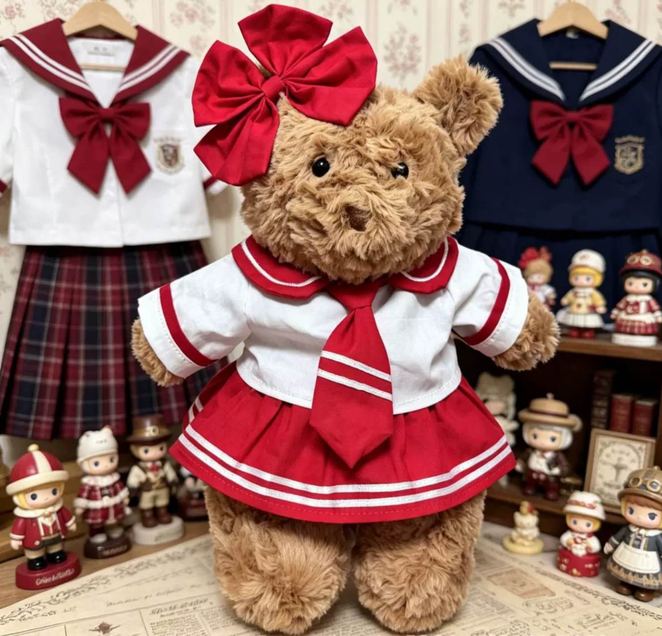 Medium Bartholomew bear clothes outfits- Red Plaid Sailor Outfit Set with Bow