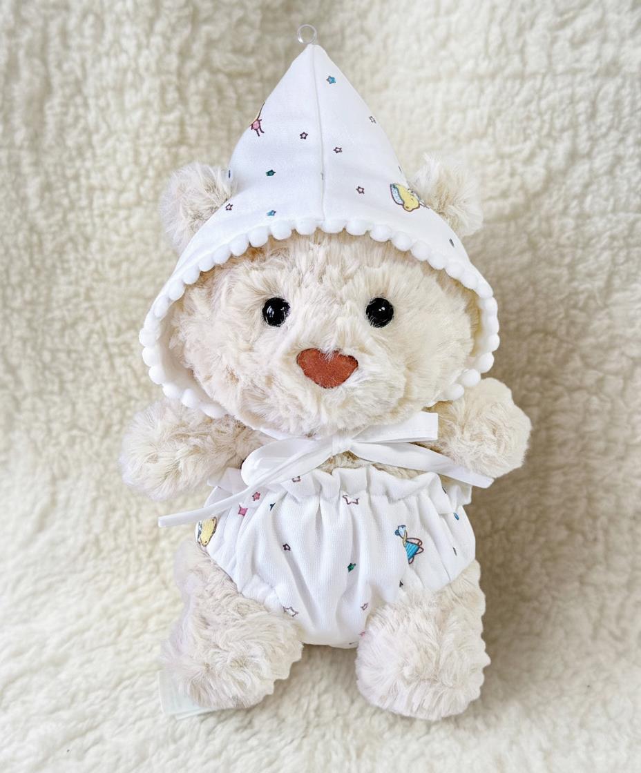 Junior Bartholomew bear outfit - White cartoon print hooded hat & ruffled bloomers