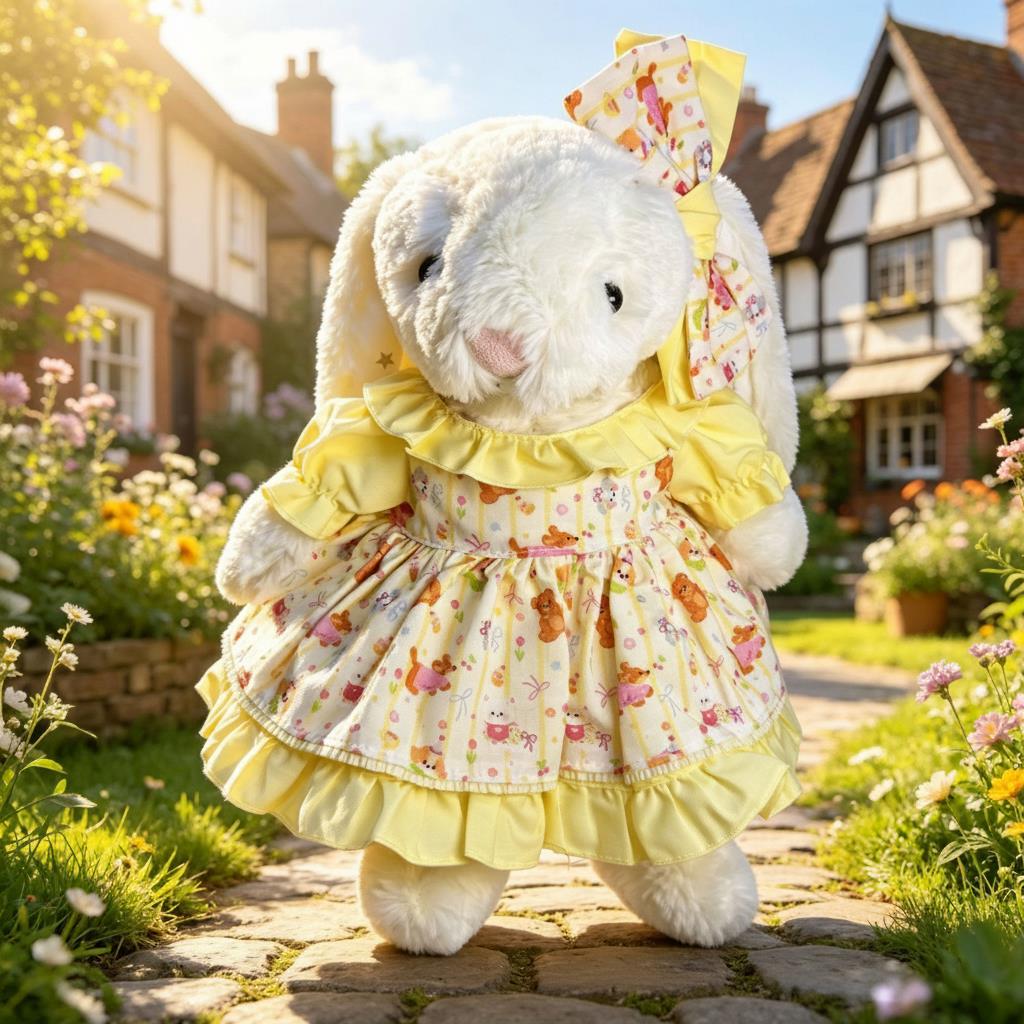White Bashful Bunny plush wearing a yellow teddy-print ruffle dress with matching oversized bow