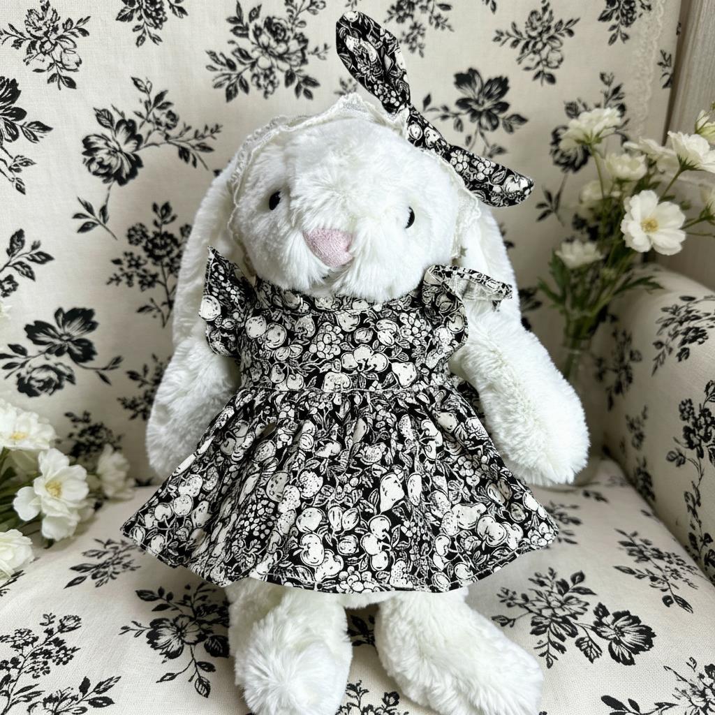 Medium Bartholomew Bear / Bashful Bunny cute clothes outfits–Monochrome Blossom Ruffle Dress with Statement Bow