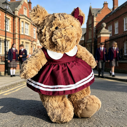 Preppy dress and bow headband outfit for Medium Bartholomew Bear