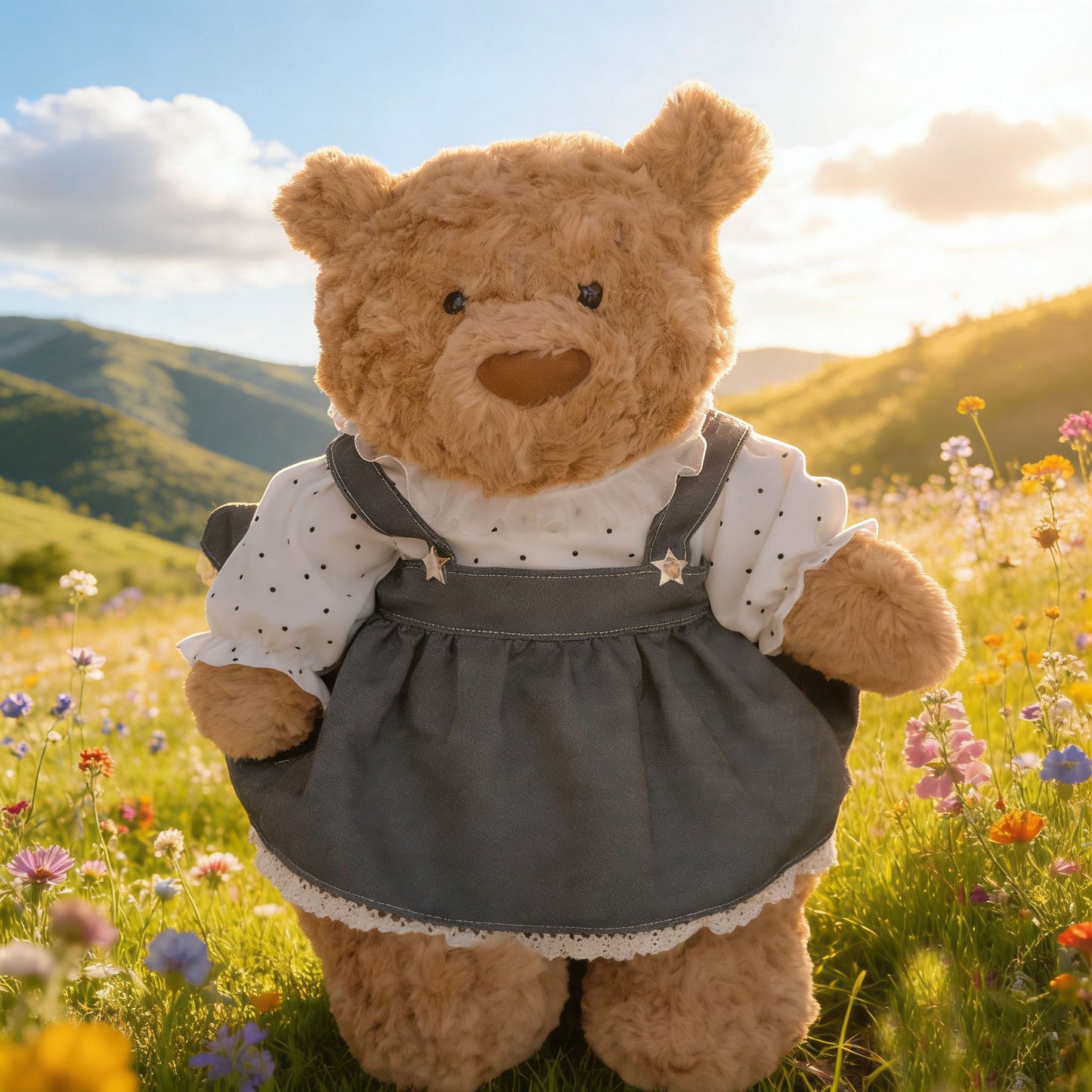 Huge Bartholomew bear outfit - Denim pinafore polka dot set