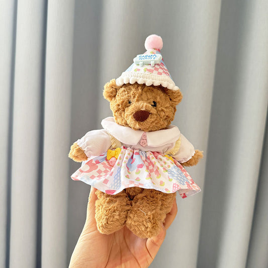 Tiny Bartholomew Bear Outfit- Pink-blue checkered party dress & hat