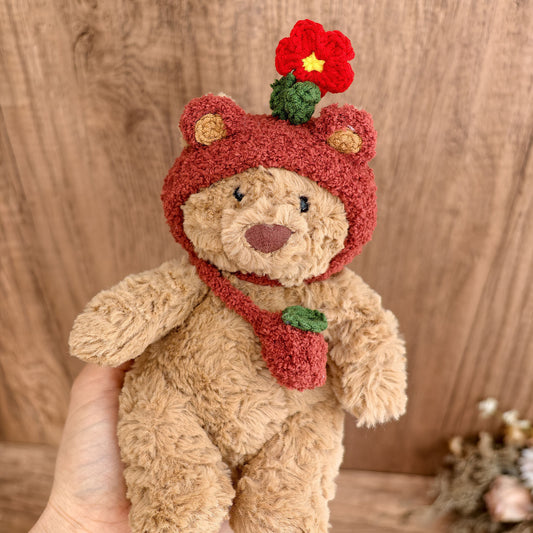Tiny Bartholomew Bear Outfit- Rust red bear ear hat with red flower