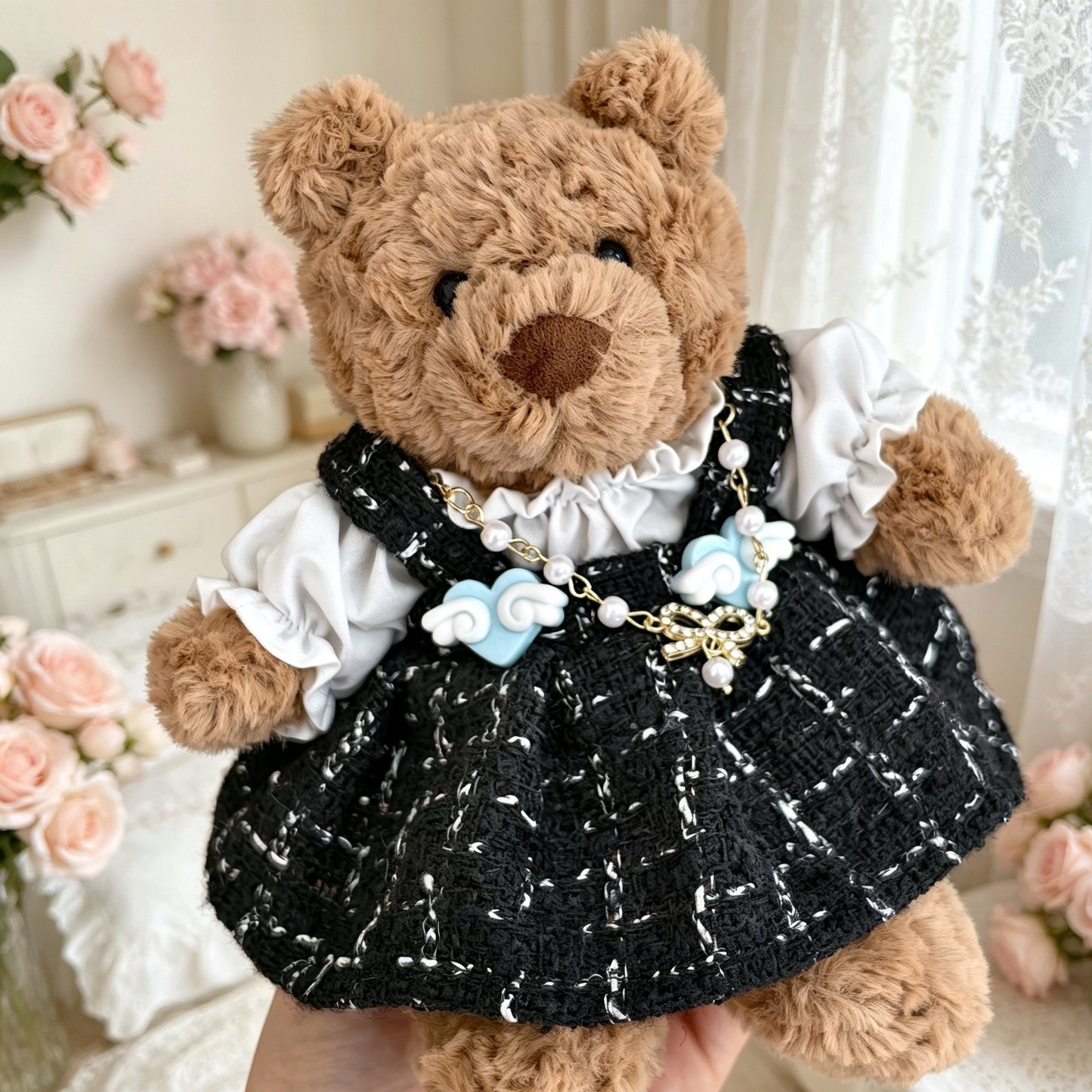 Tiny Bartholomew Bear-Black & White Tweed Dress Set