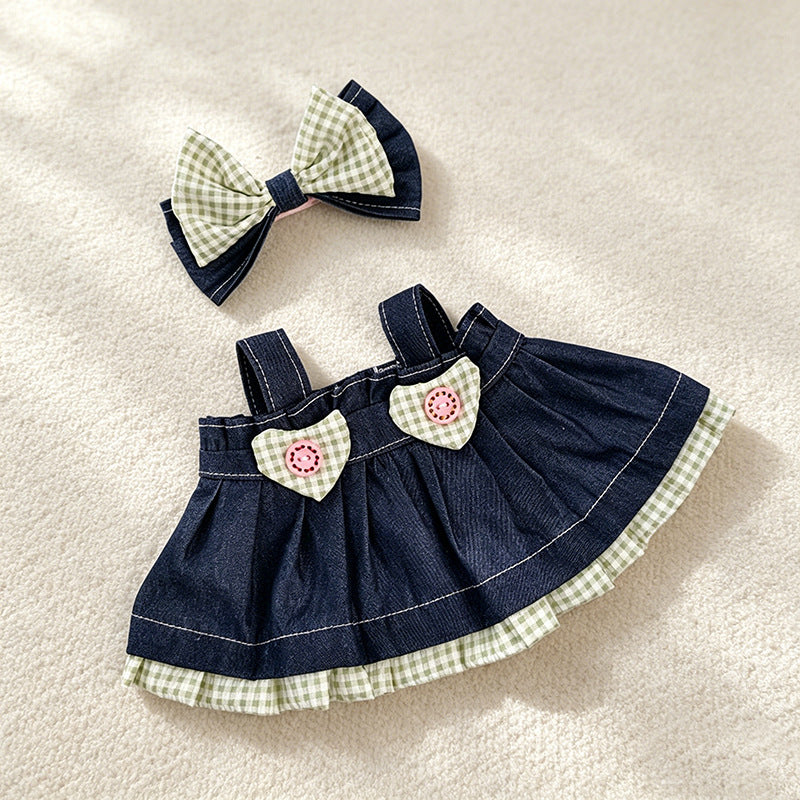 Medium Bartholomew bear clothes outfits-Denim Dress with Plaid Bow