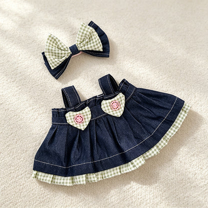 Medium Bartholomew bear clothes outfits-Denim Dress with Plaid Bow
