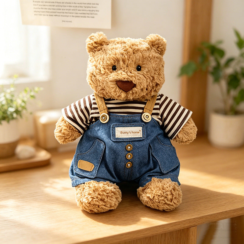Medium Bartholomew bear clothes outfits- Denim Overalls & Striped Tee Set