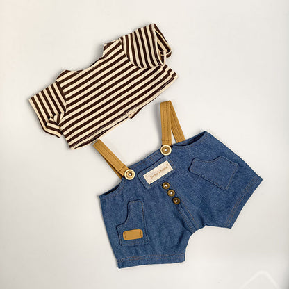 Medium Bartholomew bear clothes outfits- Denim Overalls & Striped Tee Set