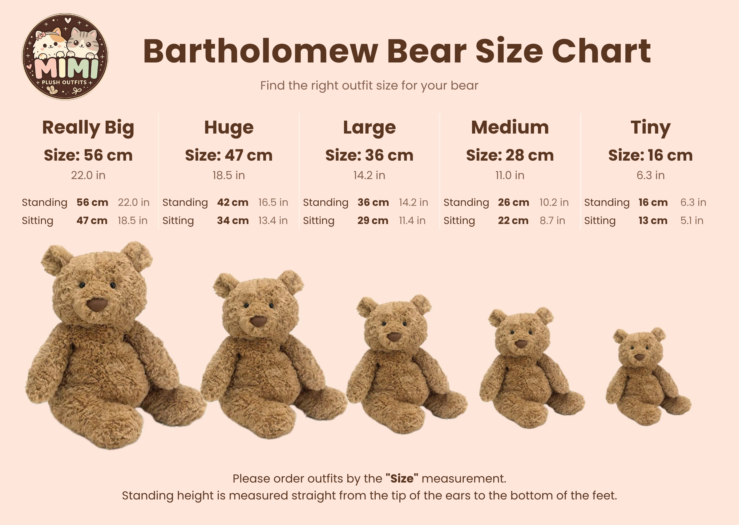 MiMi Plush Outfits size chart for Bartholomew Bear