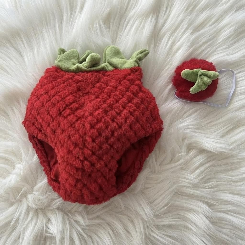 Handmade Plush Strawberry Outfit for Tiny Bartholomew Bear, Red Berry Costume with Hat