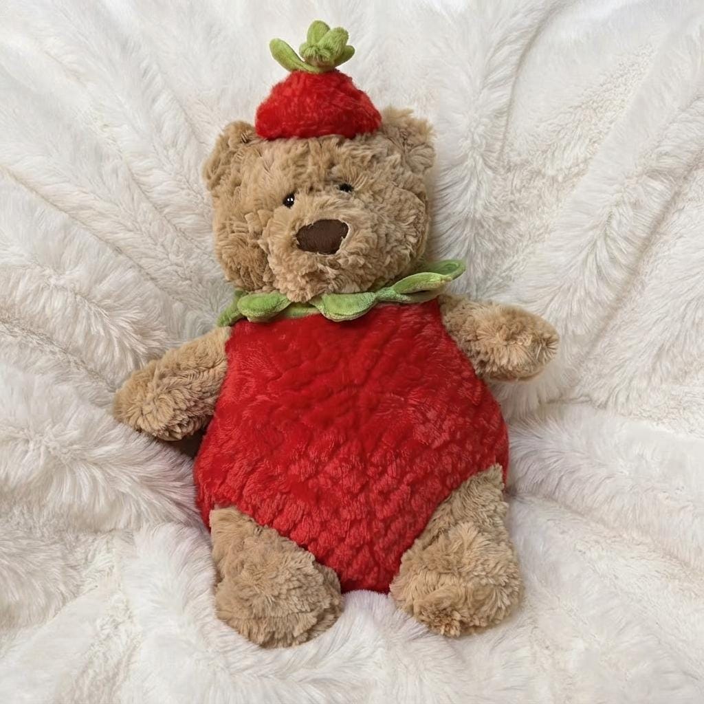 Handmade Plush Strawberry Outfit for Tiny Bartholomew Bear, Red Berry Costume with Hat