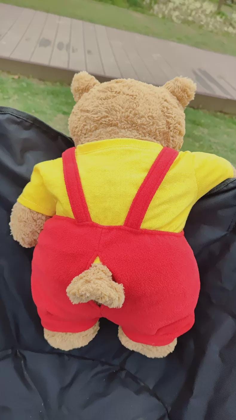 Bartholomew Bear Outfits: Handmade Plush Clothing for Various Sizes Red Dungarees & Cap Outfit