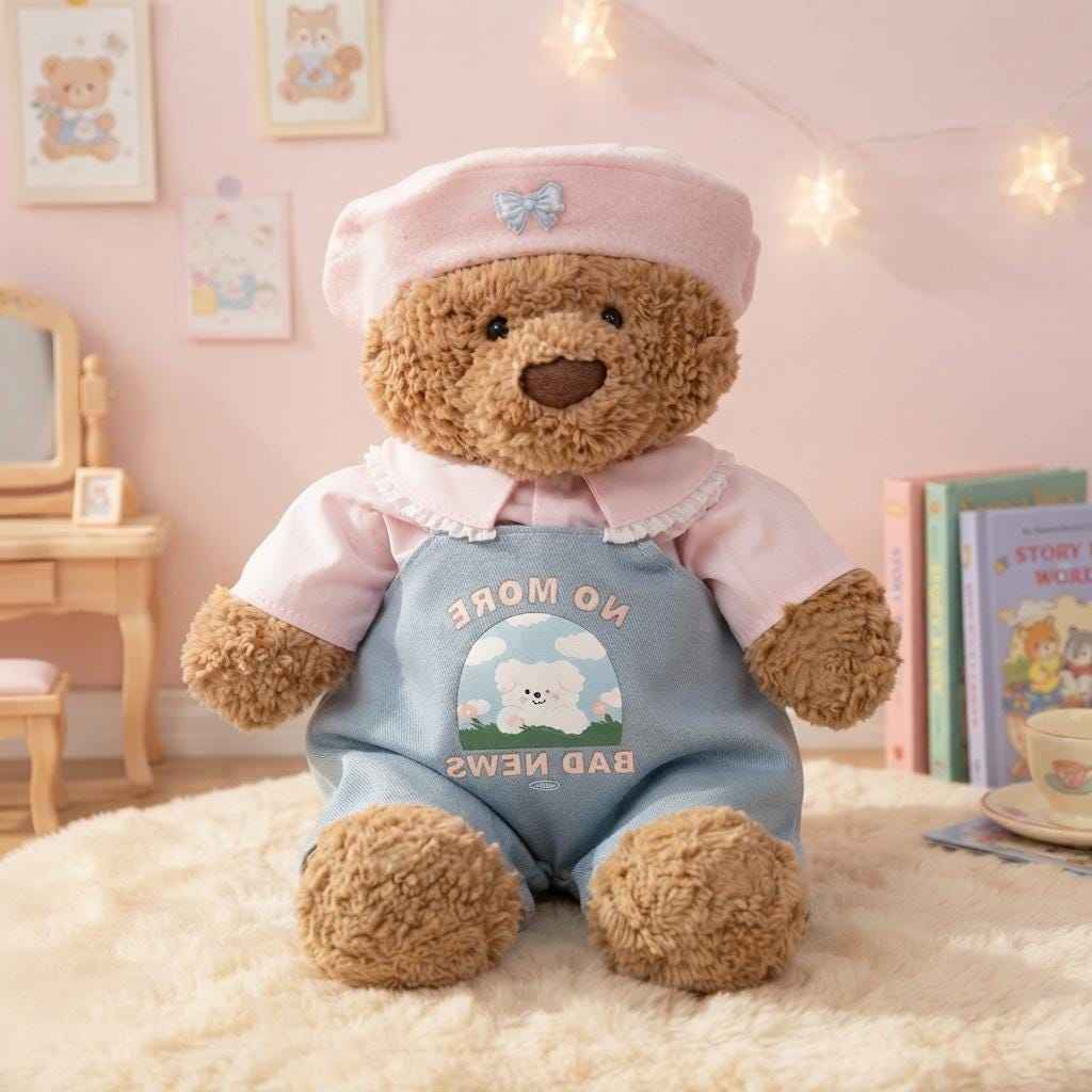 Handmade Pink Beret & Blue Overalls Outfit for Plushie