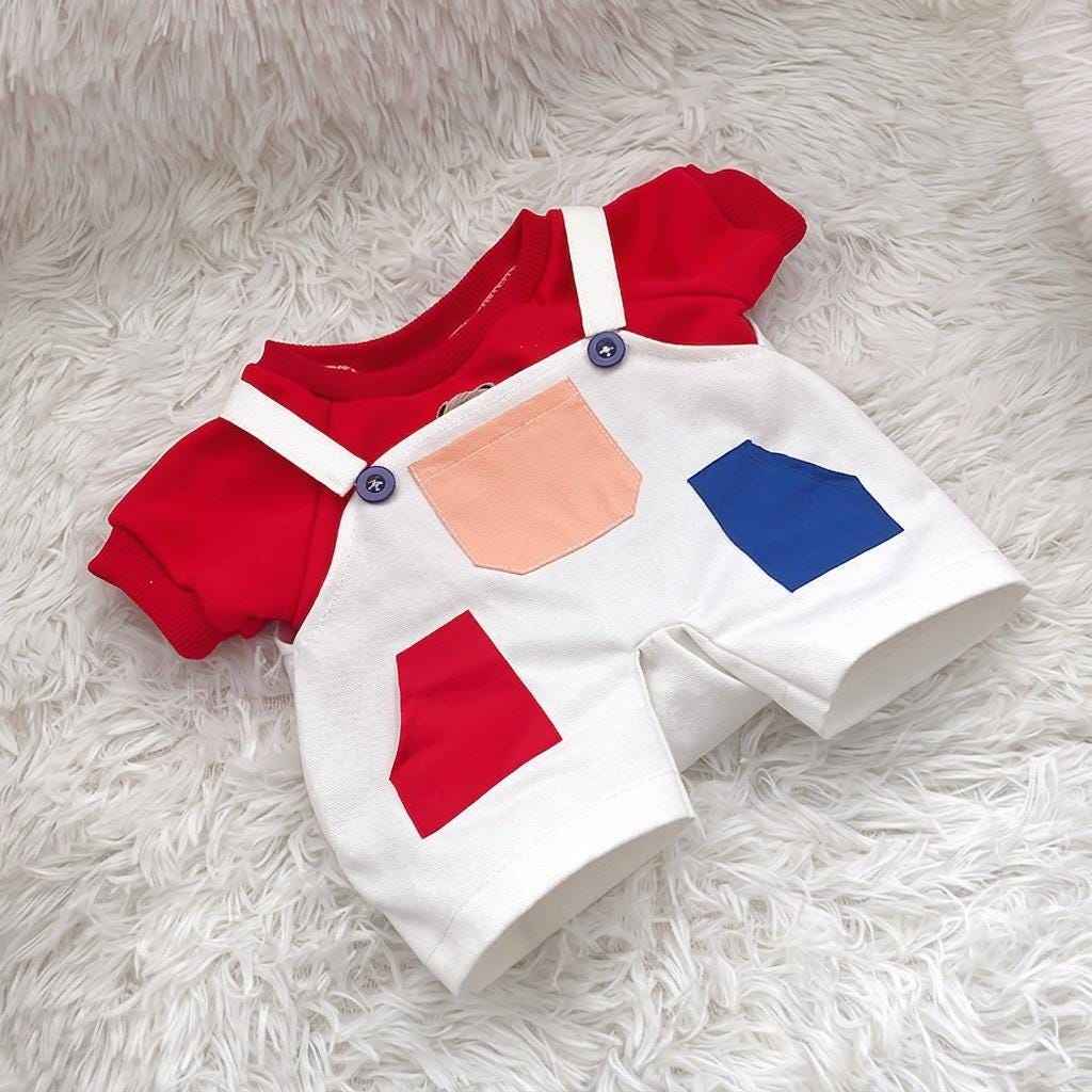 Handmade Red & White Colorblock Dungaree Outfit for Bartholomew Bear Plushie