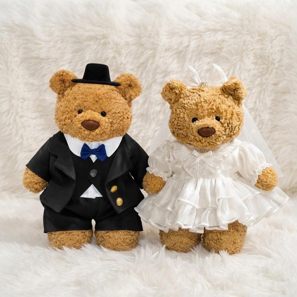 Handmade Bartholomew Bear Wedding Dress and Tuxedo Outfit Set, Plush Toy Groom Bride Apparel