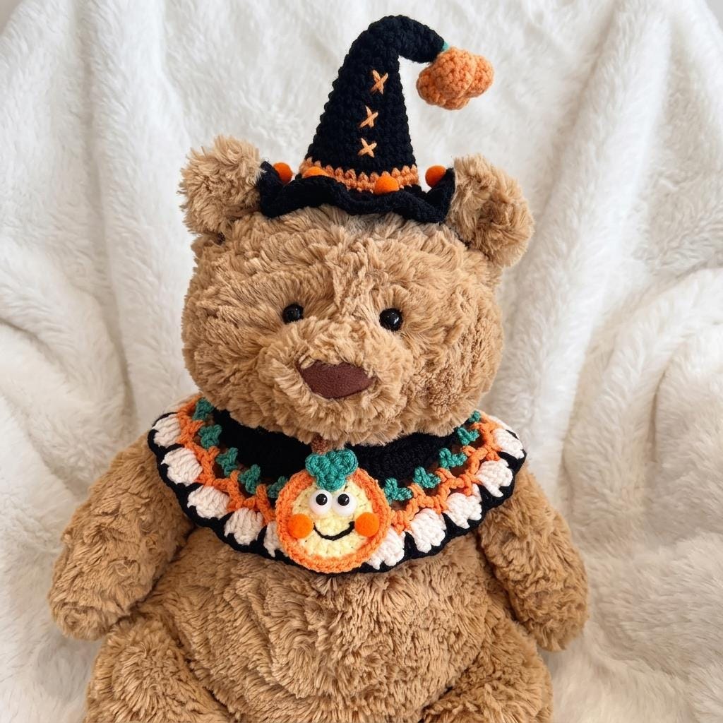 Handmade Crochet Halloween Costume Set, Witch Hat, Pumpkin Headband, Ghost Collar