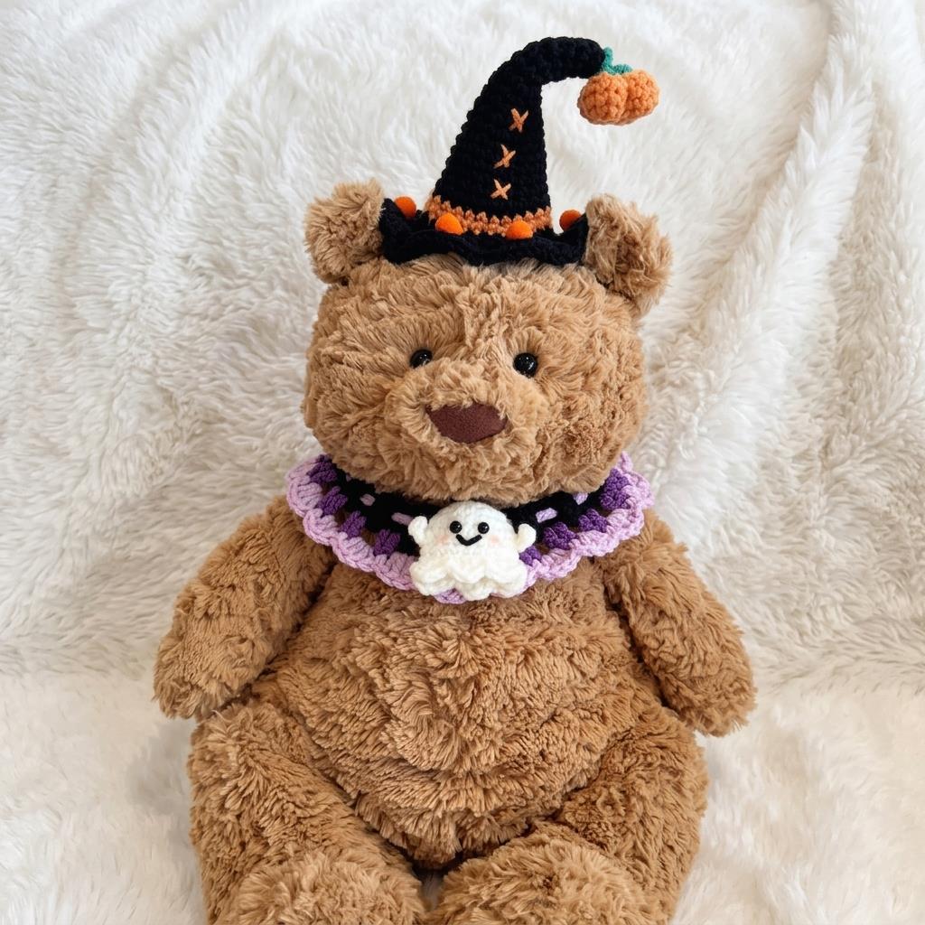 Handmade Crochet Halloween Costume Set, Witch Hat, Pumpkin Headband, Ghost Collar