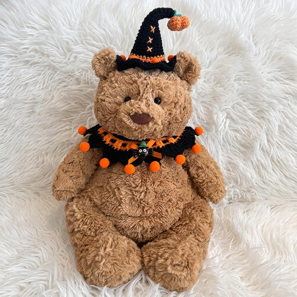 Handmade Crochet Halloween Costume Set, Witch Hat, Pumpkin Headband, Ghost Collar