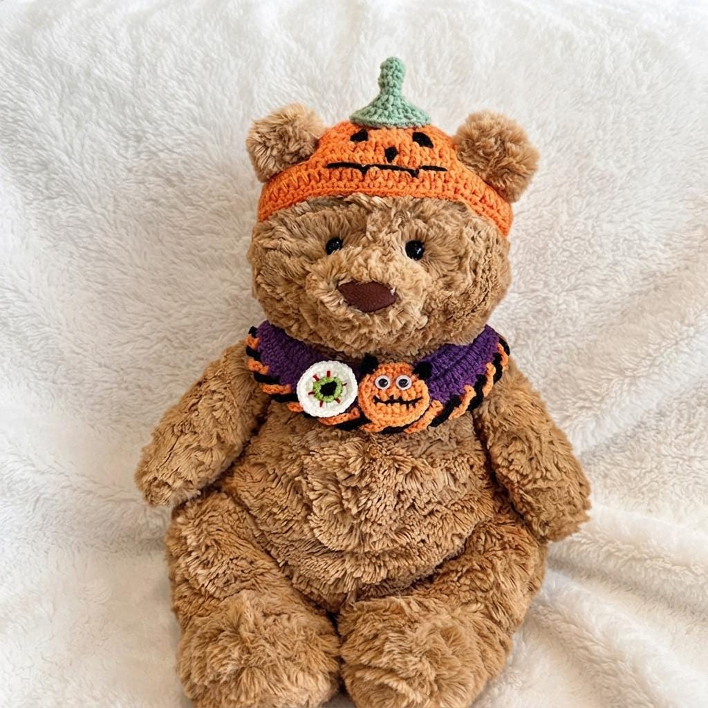 Handmade Crochet Halloween Outfit  Witch Hat, Pumpkin Bib Set for Bartholomew Bear