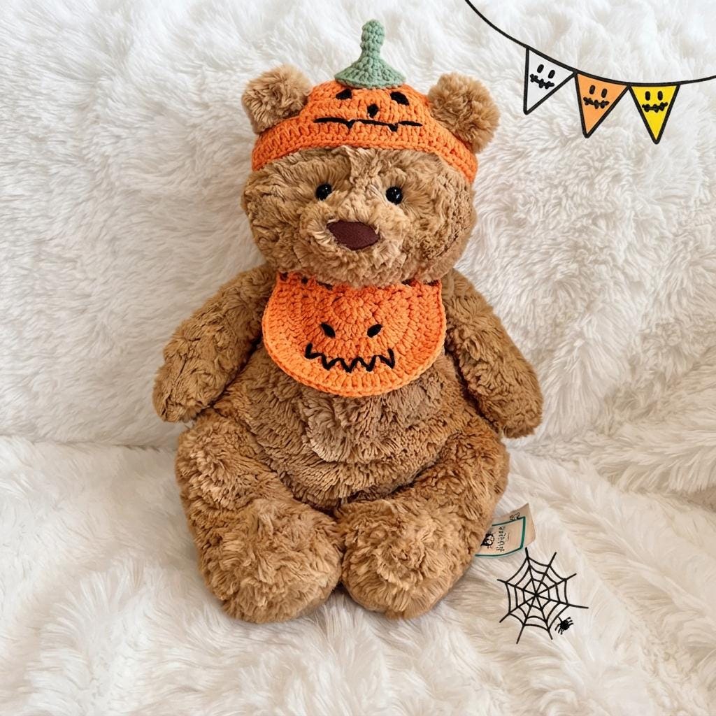 Handmade Crochet Halloween Outfit  Witch Hat, Pumpkin Bib Set for Bartholomew Bear