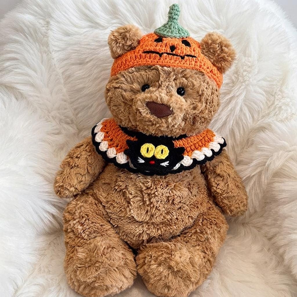 Handmade Crochet Halloween Outfit  Witch Hat, Pumpkin Bib Set for Bartholomew Bear