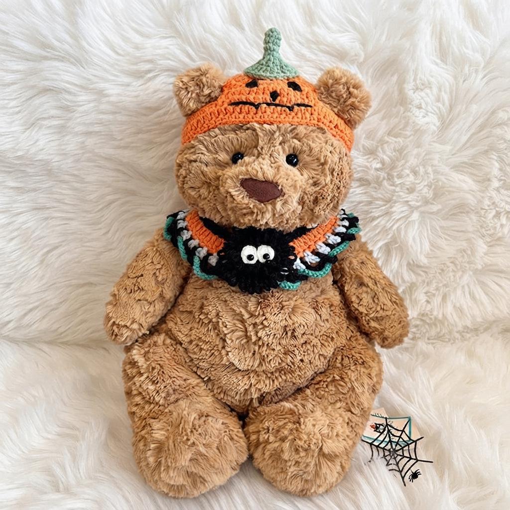 Handmade Crochet Halloween Outfit  Witch Hat, Pumpkin Bib Set for Bartholomew Bear