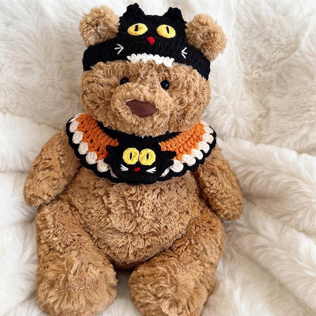 Handmade Crochet Halloween Outfit  Witch Hat, Pumpkin Bib Set for Bartholomew Bear