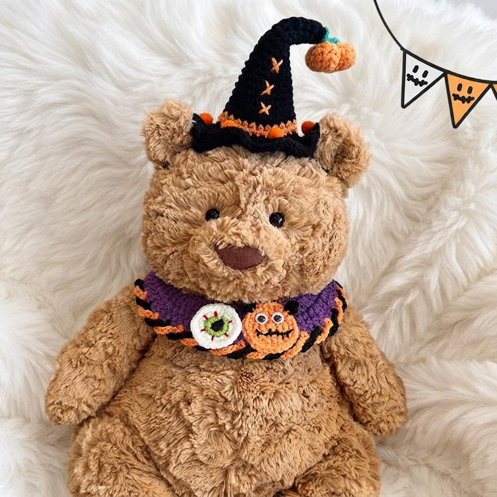 Handmade Crochet Halloween Costume Set, Witch Hat, Pumpkin Headband, Spooky Collar for Plush Toys