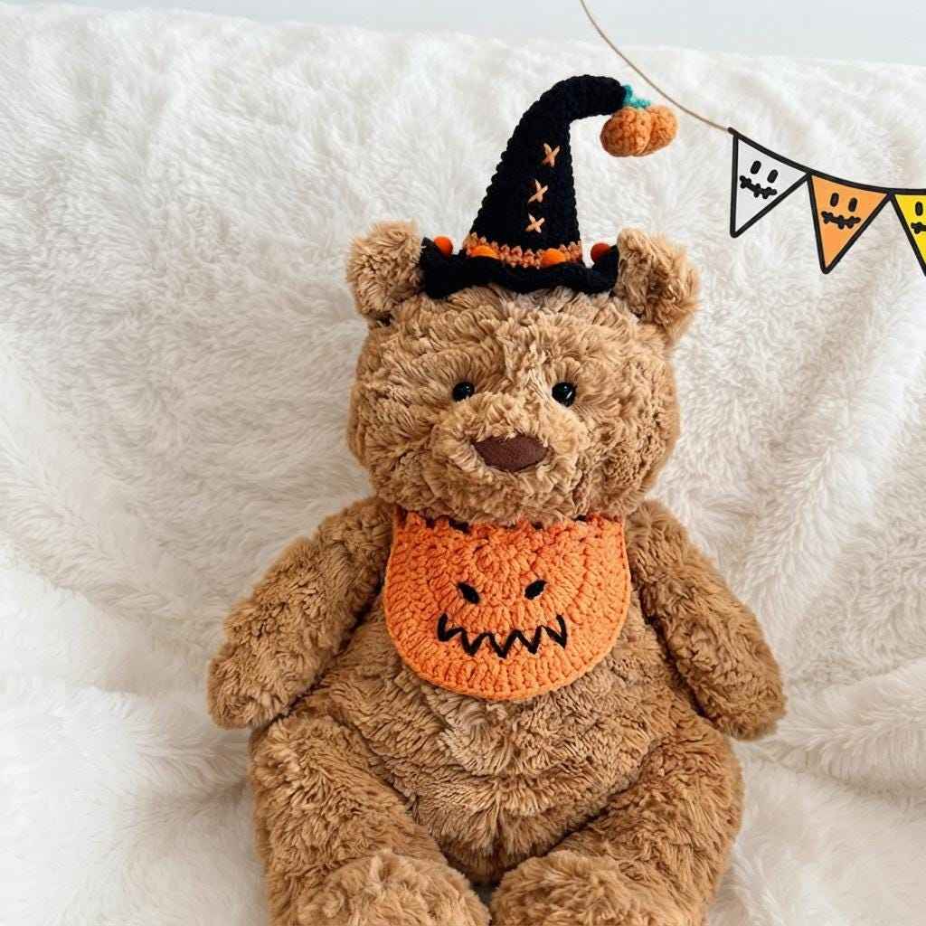 Handmade Crochet Halloween Costume Set, Witch Hat, Pumpkin Headband, Spooky Collar for Plush Toys