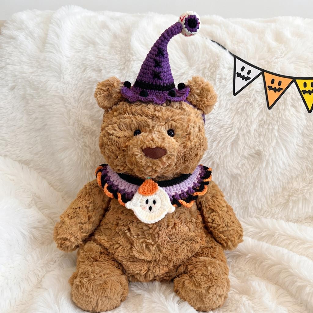 Handmade Crochet Halloween Costume Set, Witch Hat, Pumpkin Headband, Spooky Collar for Plush Toys