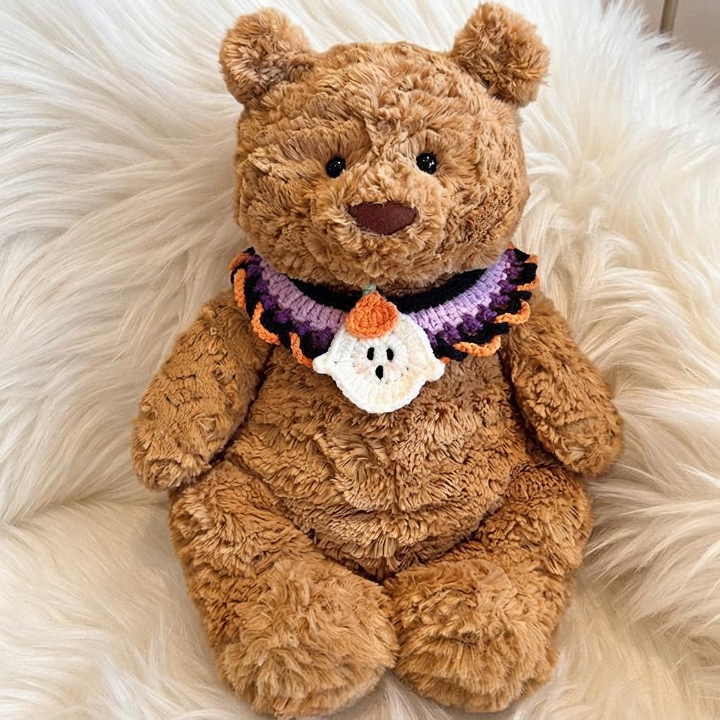 Hand-Crocheted Halloween Costume Set: Witch Hat, Pumpkin Headband, Bib for Plush Bears